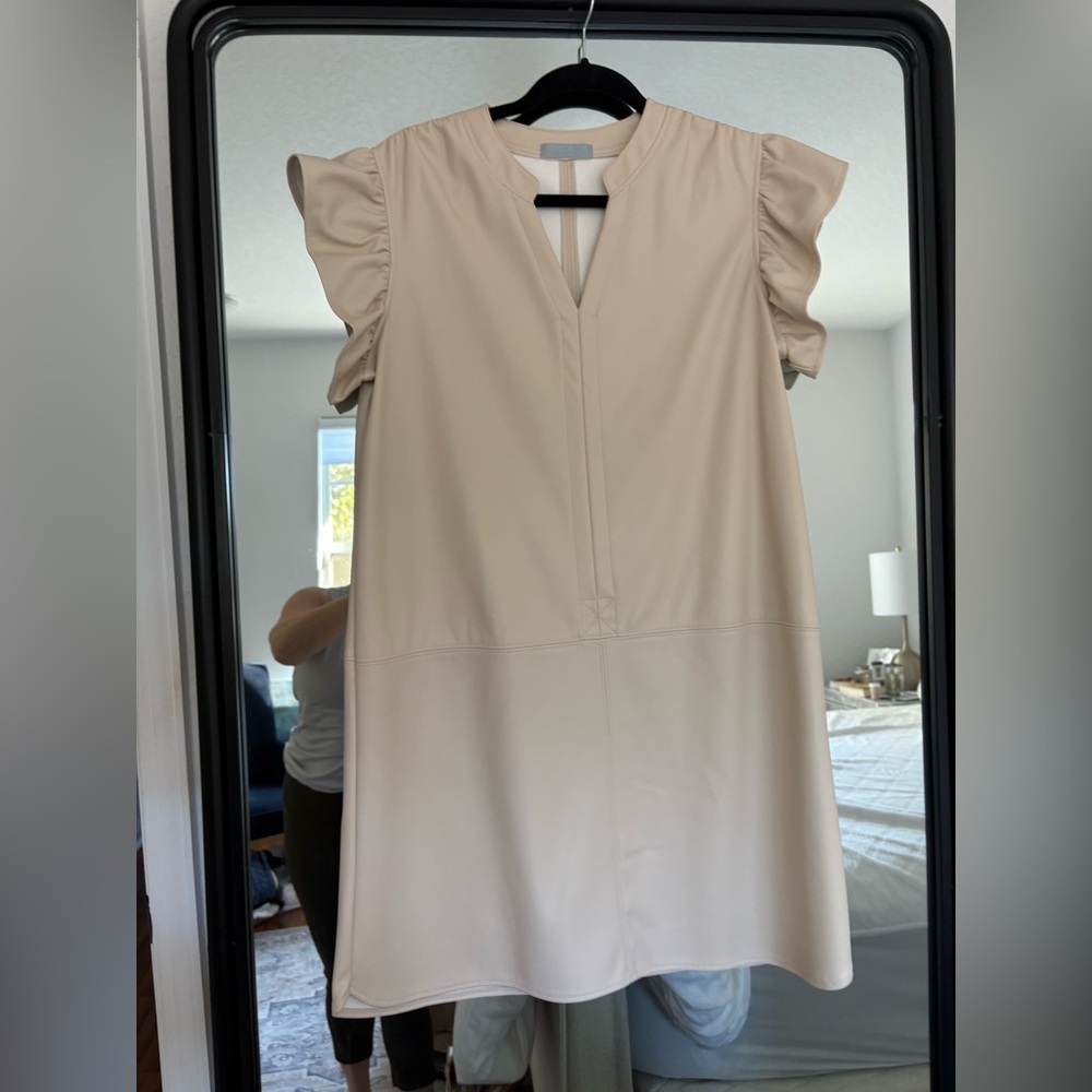 Adelaide Faux Leather Ruffle Sleeve V-Neck Dress